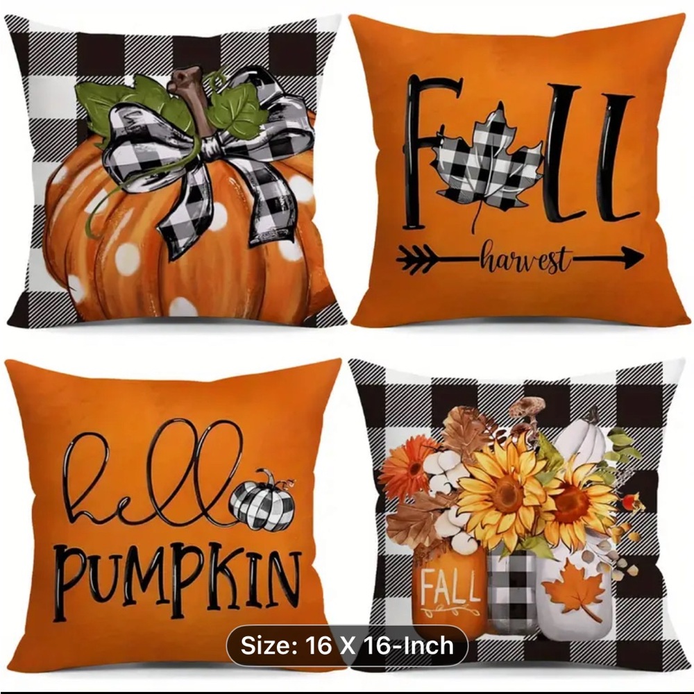Set of 4 Fall Pumpkin and Floral Throw Pillow Covers